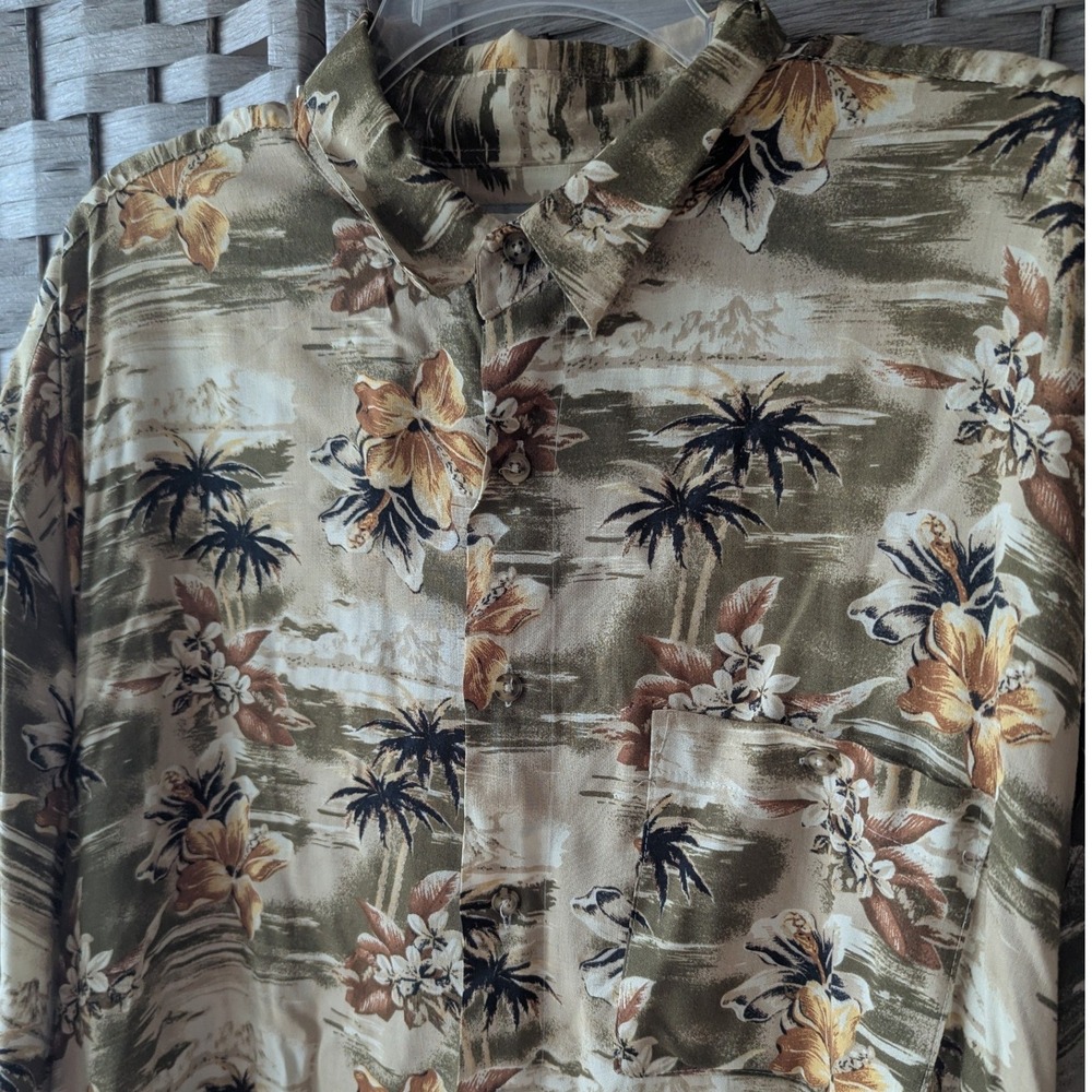 Vtg‎ Feldini Hawaiian Shirt Tan Olive Green Tropical Palm Tree Print Mens Sz XL